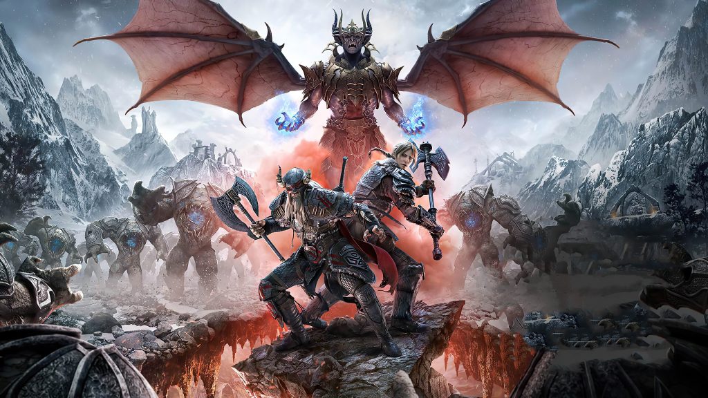 The Elder Scrolls combat scene with a demon like monster in the background