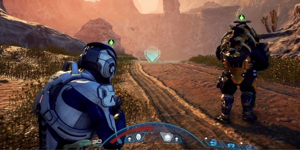 Mass Effect 5 gameplay footage teaser depicting two characters along a road.