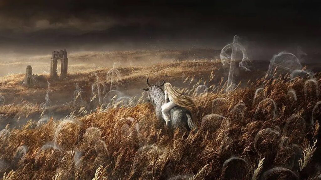 Elden RinG DLC :Shadow of the erdtree art depciitng "ghosts in a graveyard".