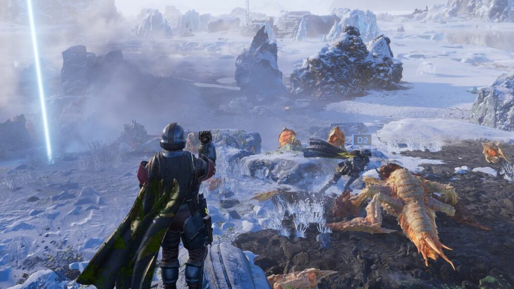 Helldivers 2 combat footage against menacing looking creatures.