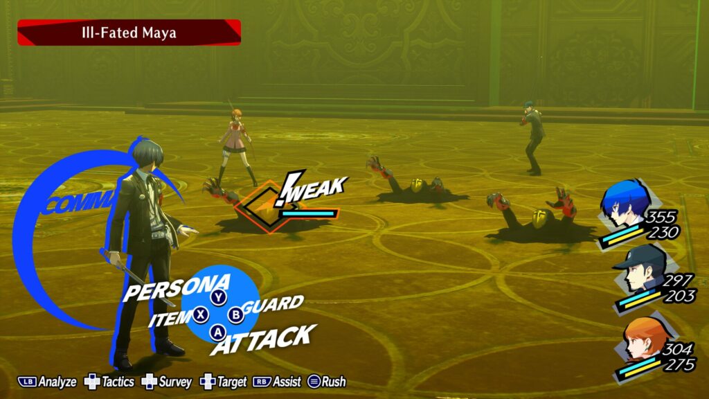 Persona 3 reload gameplay footage depicting combat.